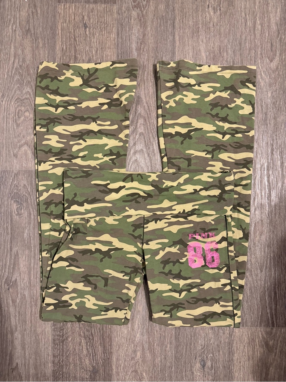 Victoria’s Secret PINK Camo Print Foldover Flare Pants with Pink 86 Accent